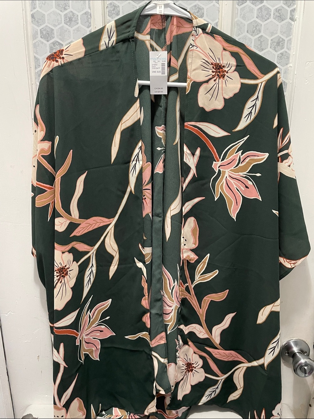 Maurices Dark Green Floral Swim Coverup with Pink & Cream Blooms